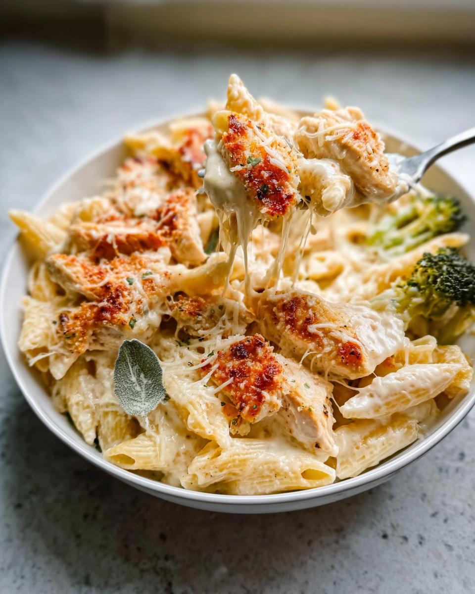 A fork lifts a cheesy bite from a bowl of Baked Garlic Parm Chicken Pasta, showing melted cheese pull and golden chicken pieces.