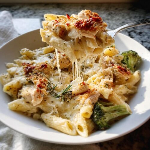 A fork lifts a bite of creamy Baked Garlic Parm Chicken Pasta, showing long cheese pulls over penne, chicken, and broccoli.