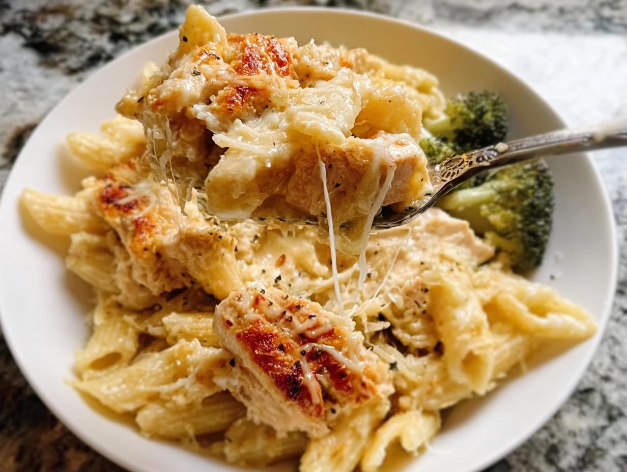 A spoonful of cheesy Baked Garlic Parm Chicken Pasta showing melted cheese strings, served with broccoli florets.