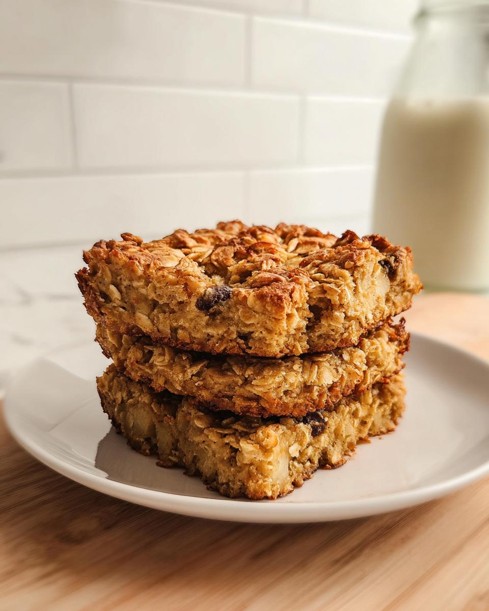 Three stacked baked oatmeal bars, perfect for Make-Ahead Breakfast for Busy Weeks, on a white plate.