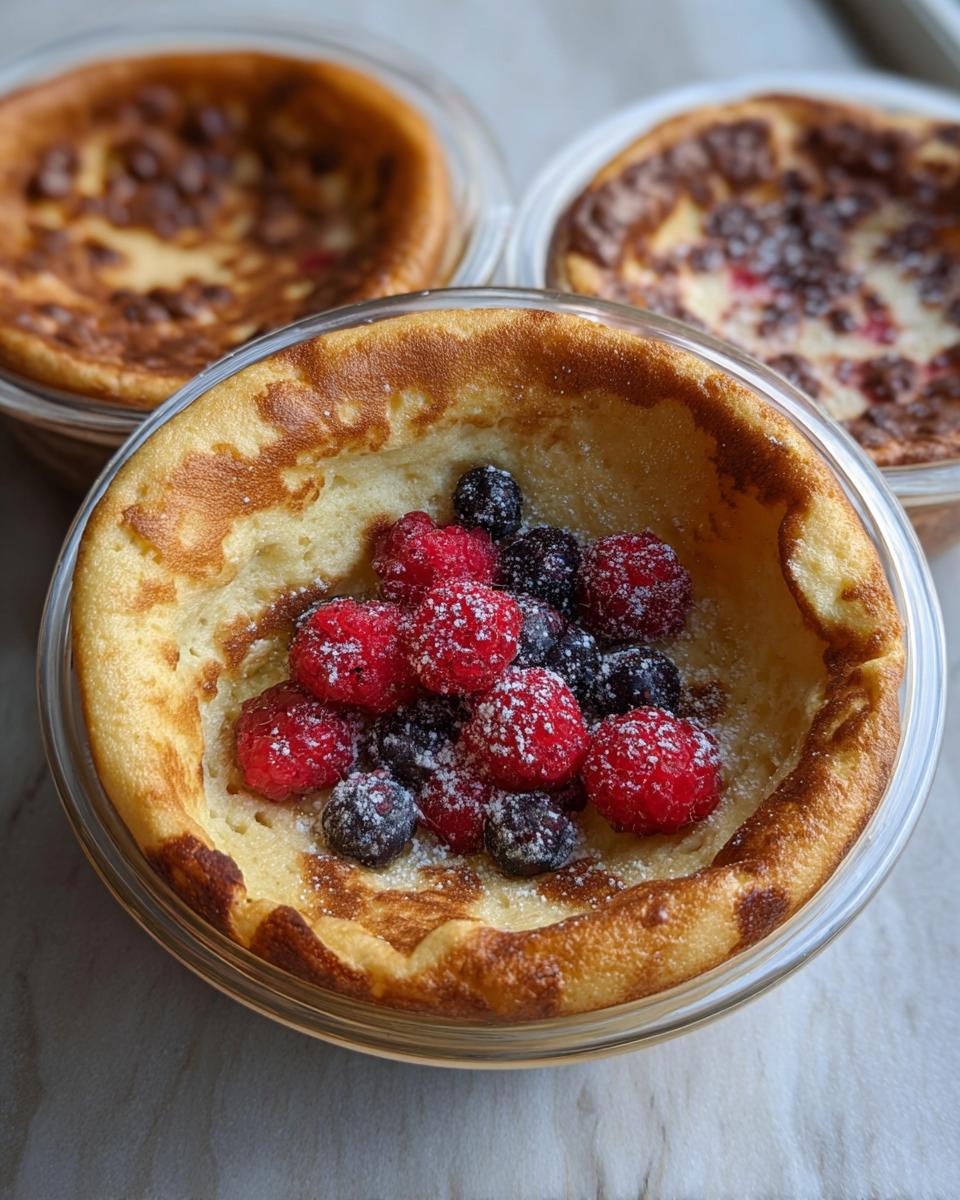Close-up of a baked Pancake Bowl You Bake in the Oven, filled with fresh raspberries, blueberries, and dusted with powdered sugar.