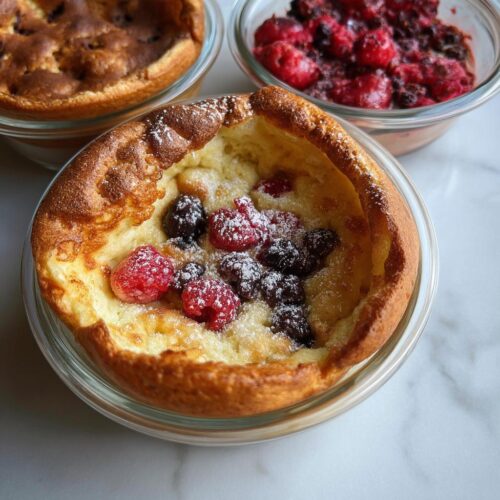A freshly baked Pancake Bowl You Bake in the Oven, topped with mixed berries and powdered sugar.