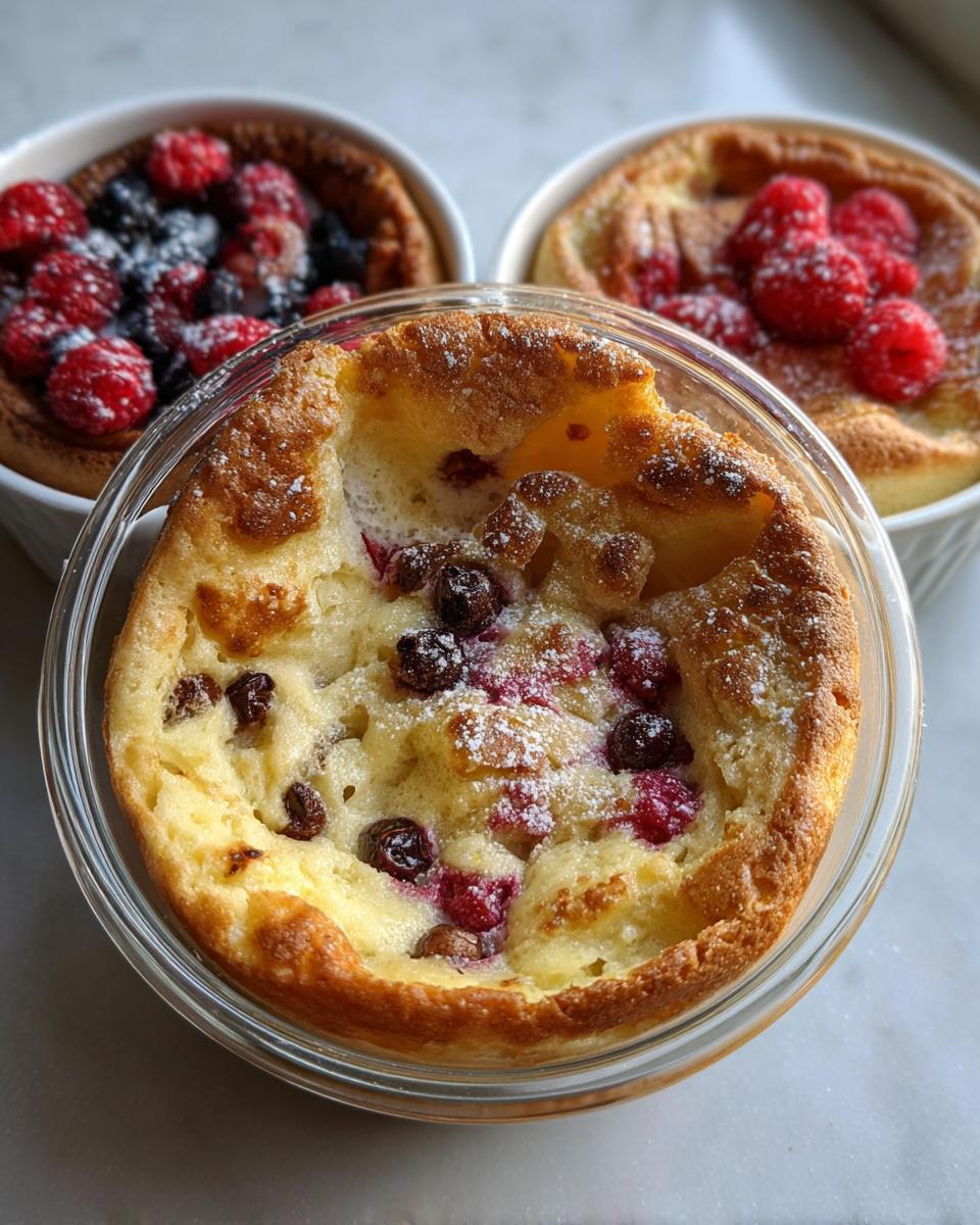 Close-up of a baked Pancake Bowl You Bake in the Oven, topped with mixed berries and dusted with powdered sugar.