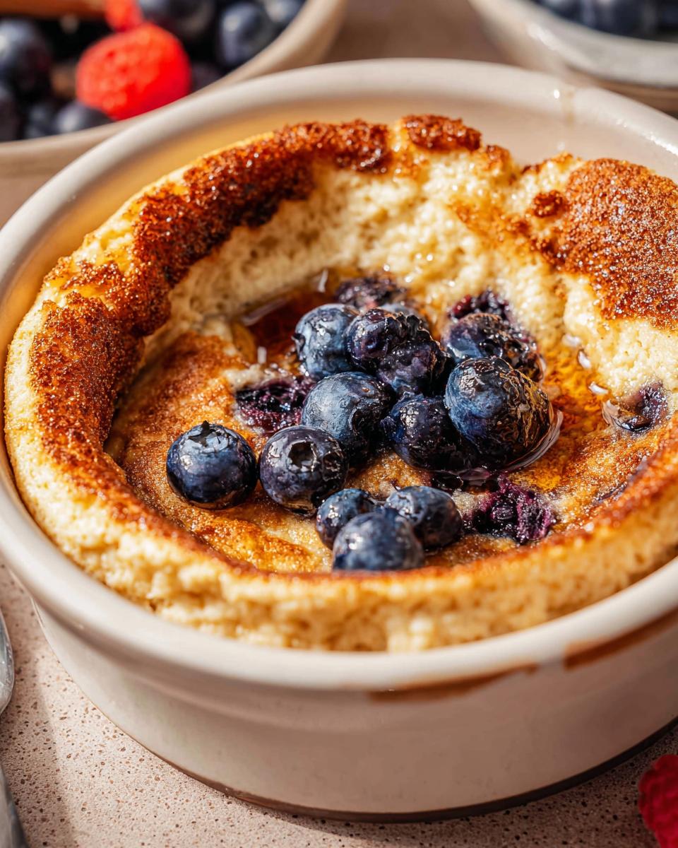 Close-up of a fluffy Baked Pancake Bowl (No Flipping Required) topped with fresh blueberries and syrup.