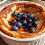 Close-up of a golden brown Baked Pancake Bowl (No Flipping Required) topped with fresh blueberries and syrup.