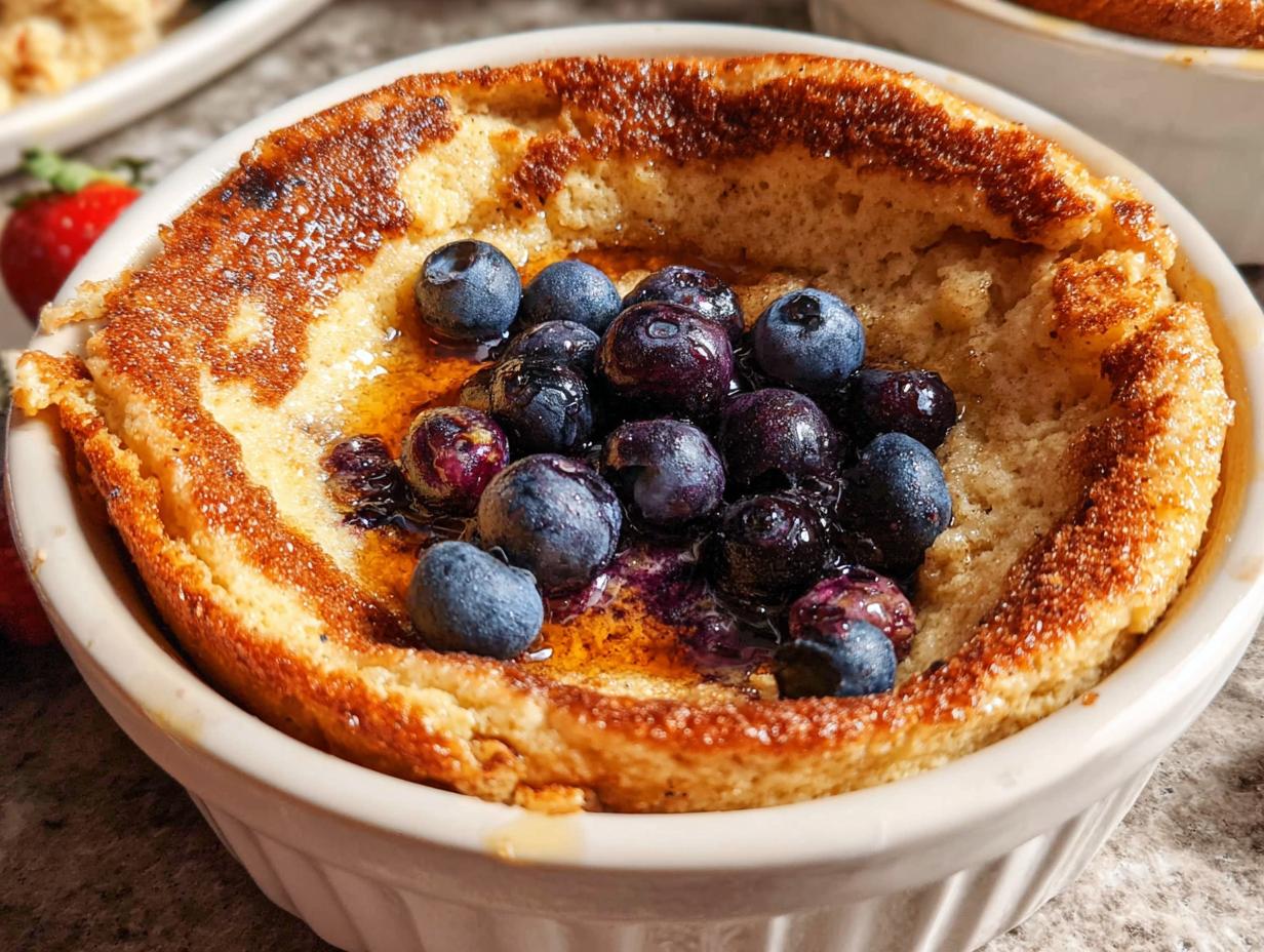 Close-up of a golden brown Baked Pancake Bowl (No Flipping Required) topped with fresh blueberries and syrup.