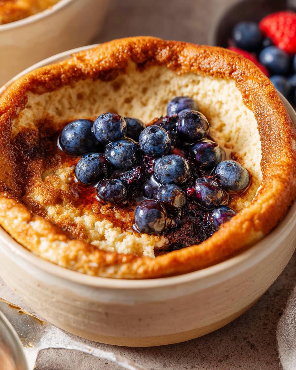 Close-up of a golden brown Baked Pancake Bowl (No Flipping Required) topped with fresh blueberries and syrup.