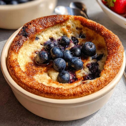 Close-up of a golden brown Baked Pancake Bowl (No Flipping Required) topped with fresh blueberries and syrup.