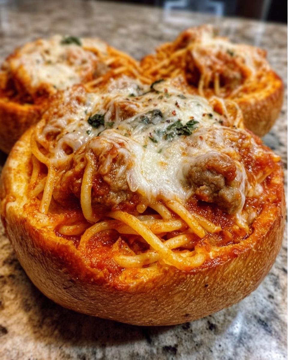 Close-up of a Baked Spaghetti with Italian Sausage Bread Bowl topped with melted mozzarella and herbs.