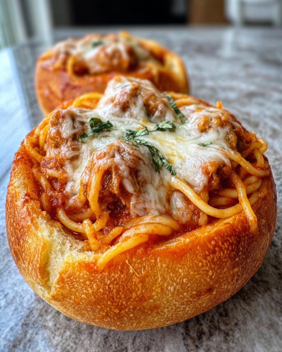Close-up of a serving of Baked Spaghetti with Italian Sausage Bread Bowl, topped with melted cheese and basil.