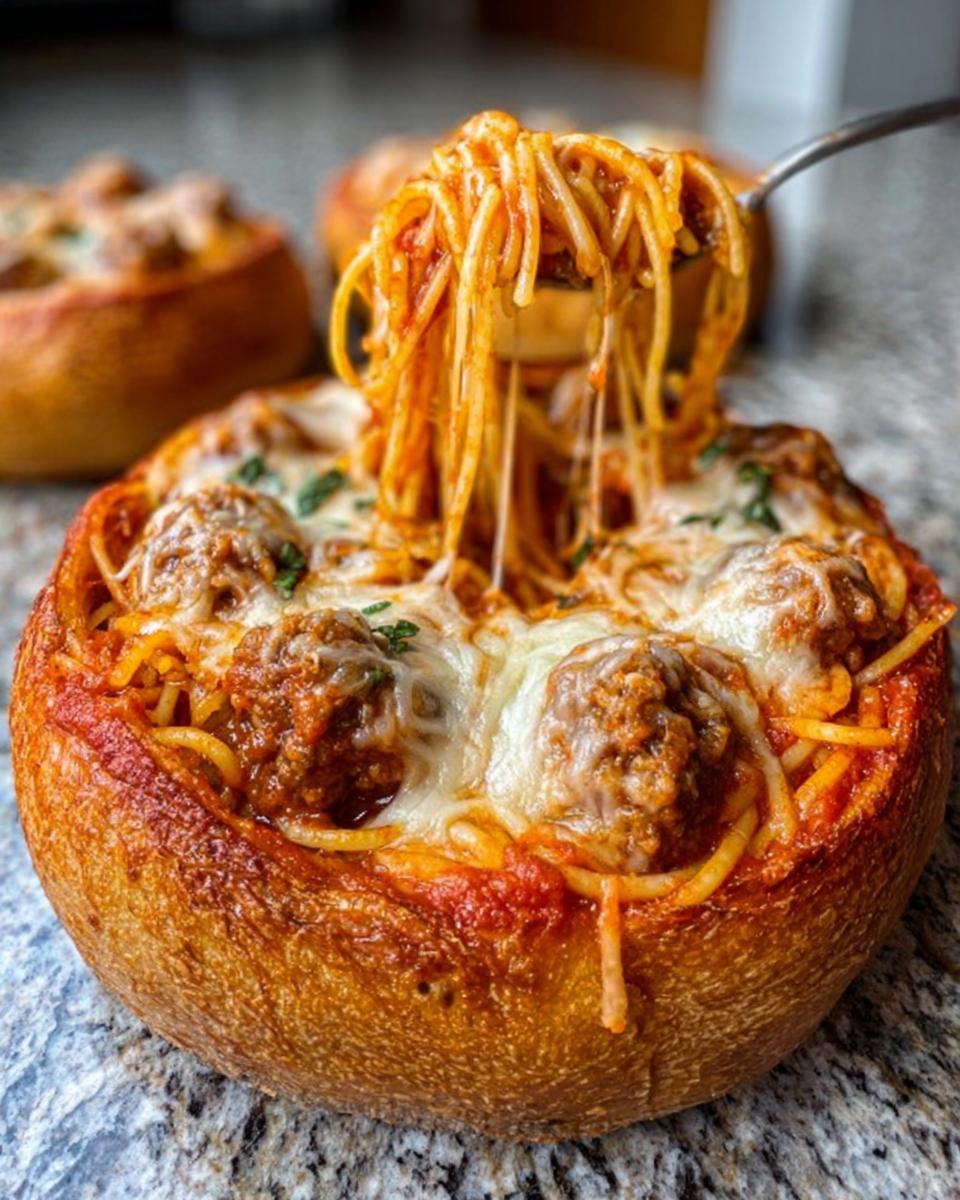 A fork pulls up cheesy, saucy spaghetti and meatballs from a Baked Spaghetti with Italian Sausage Bread Bowl.