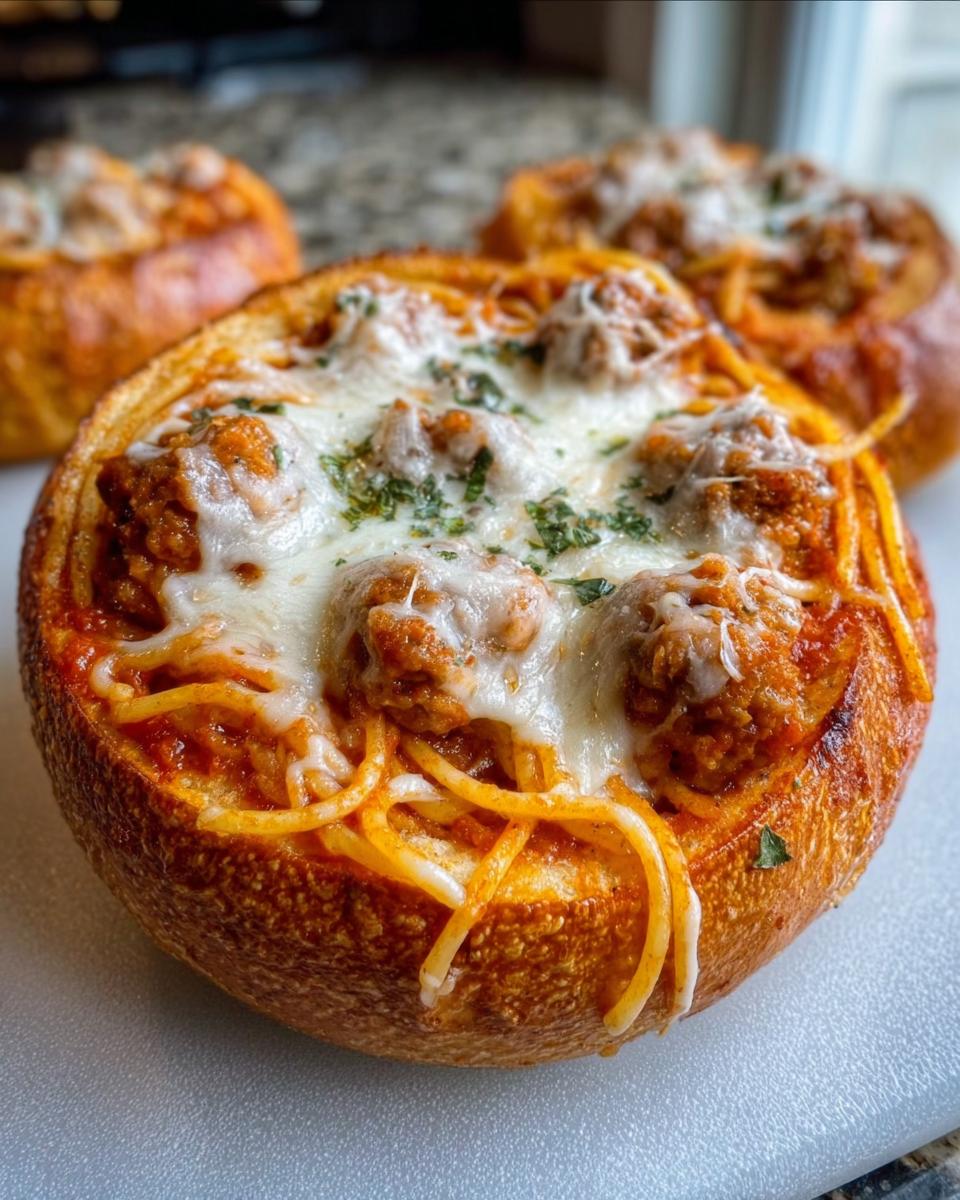 Close-up of a baked spaghetti with Italian sausage bread bowl topped with melted mozzarella cheese and herbs.