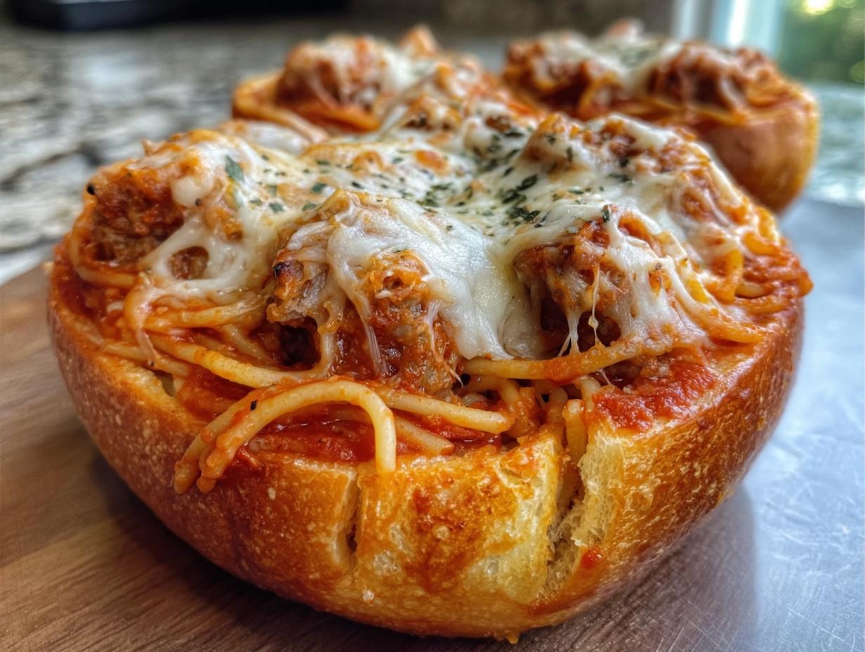 Close-up of a baked spaghetti with Italian sausage bread bowl overflowing with pasta, sauce, and melted mozzarella cheese.