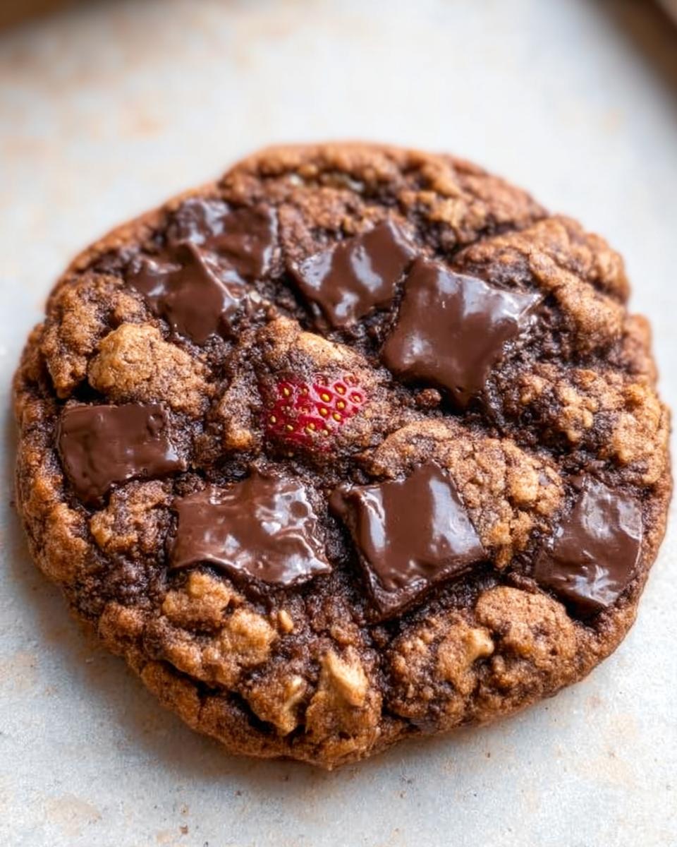 Close-up of a rich, dark Bakery-Style Chocolate Cookie topped with melted chocolate chunks and a small piece of strawberry.