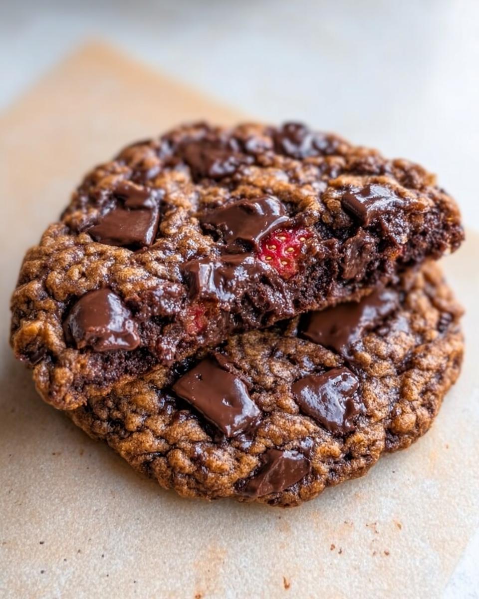 A close-up of two Bakery-Style Chocolate Cookies stacked, with the top one broken to show the gooey interior and melted chocolate chunks.