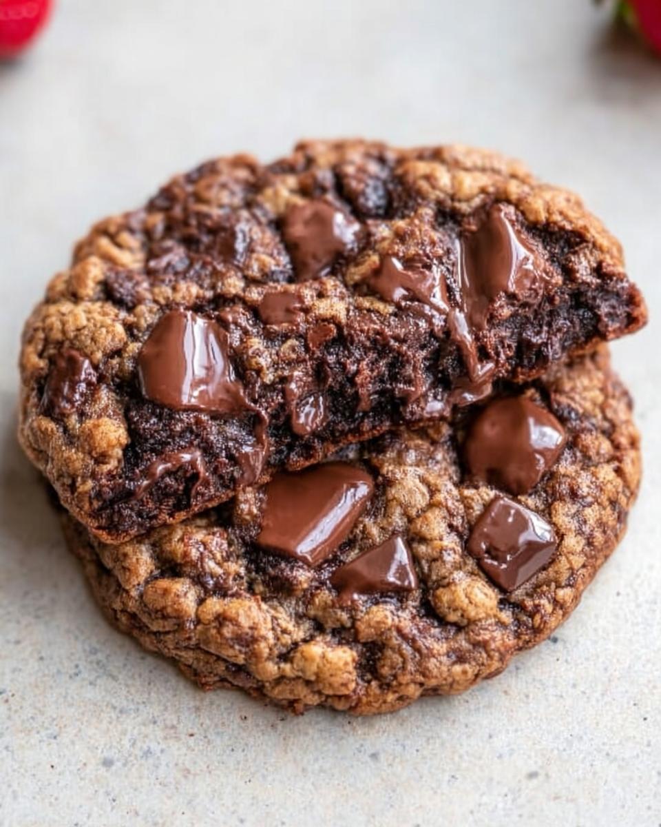 Two Bakery-Style Chocolate Cookies stacked, with the top one broken to show the gooey, melted chocolate interior.