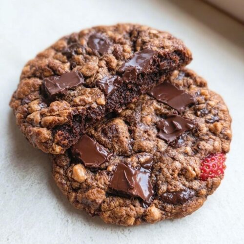 Two rich, thick Bakery-Style Chocolate Cookies, one broken open revealing a molten center and large chocolate chunks.