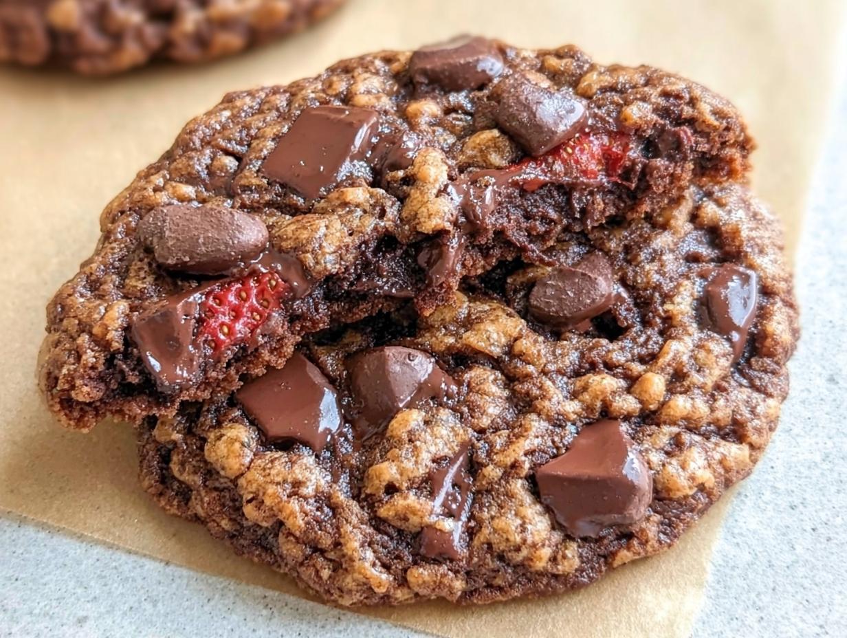 A close-up of a gooey, broken Bakery-Style Chocolate Cookie featuring melted chocolate chunks and a visible piece of strawberry.