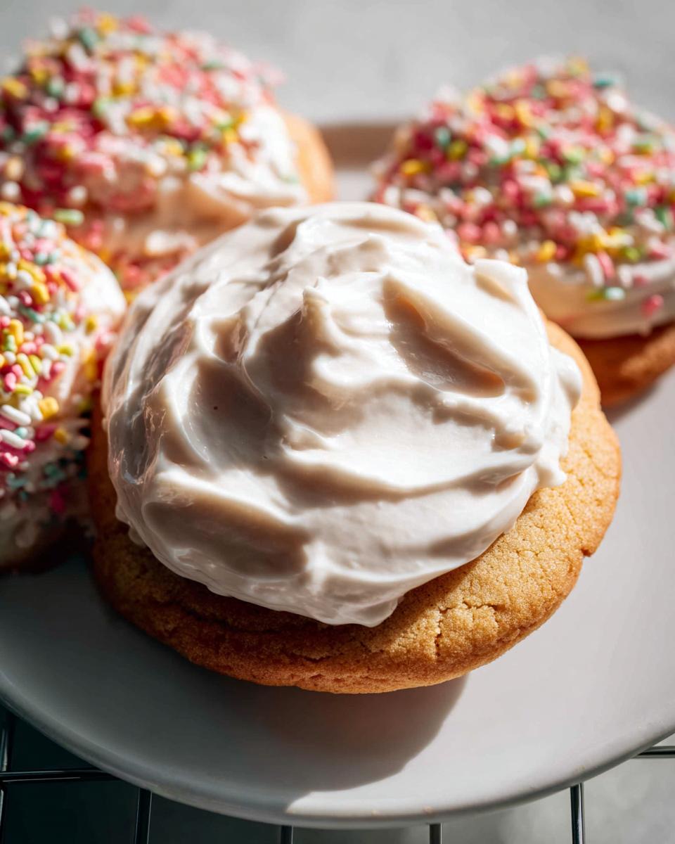 Close-up of a thick layer of creamy Bakery-Style Sugar Cookie Frosting dolloped onto a soft sugar cookie.