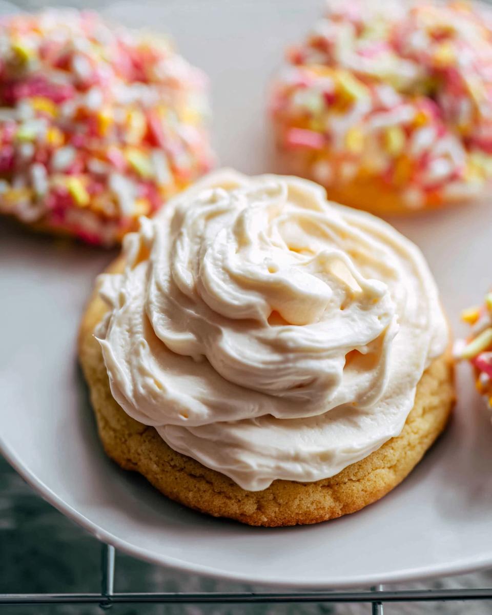 Close-up of a soft sugar cookie topped with thick, piped Bakery-Style Sugar Cookie Frosting.