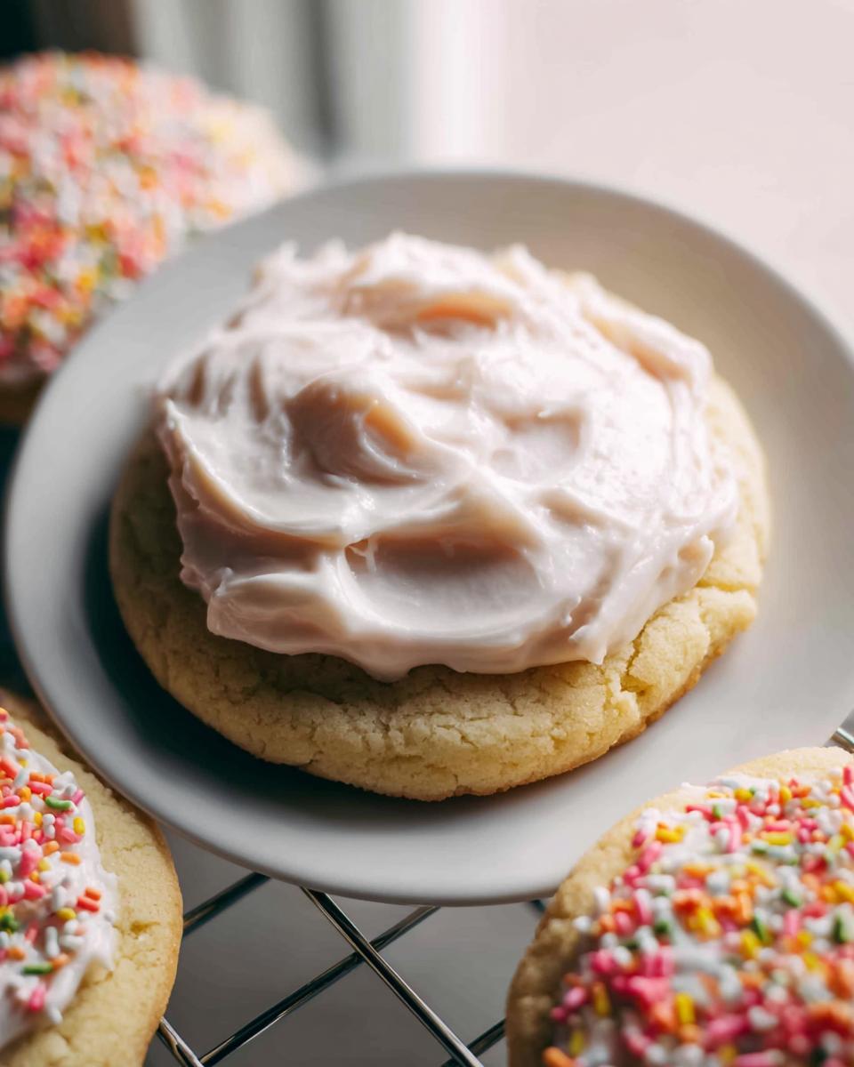 A close-up of a sugar cookie topped with thick, creamy Bakery-Style Sugar Cookie Frosting on a white plate.
