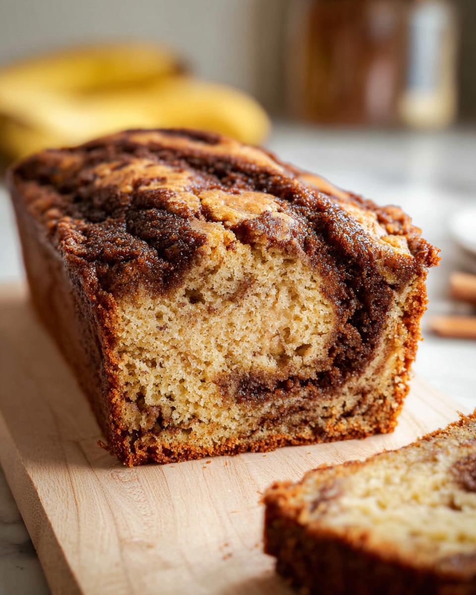 A close-up of a freshly baked Banana Bread with Cinnamon Filling loaf, showing the swirled cinnamon interior and a slice cut off.