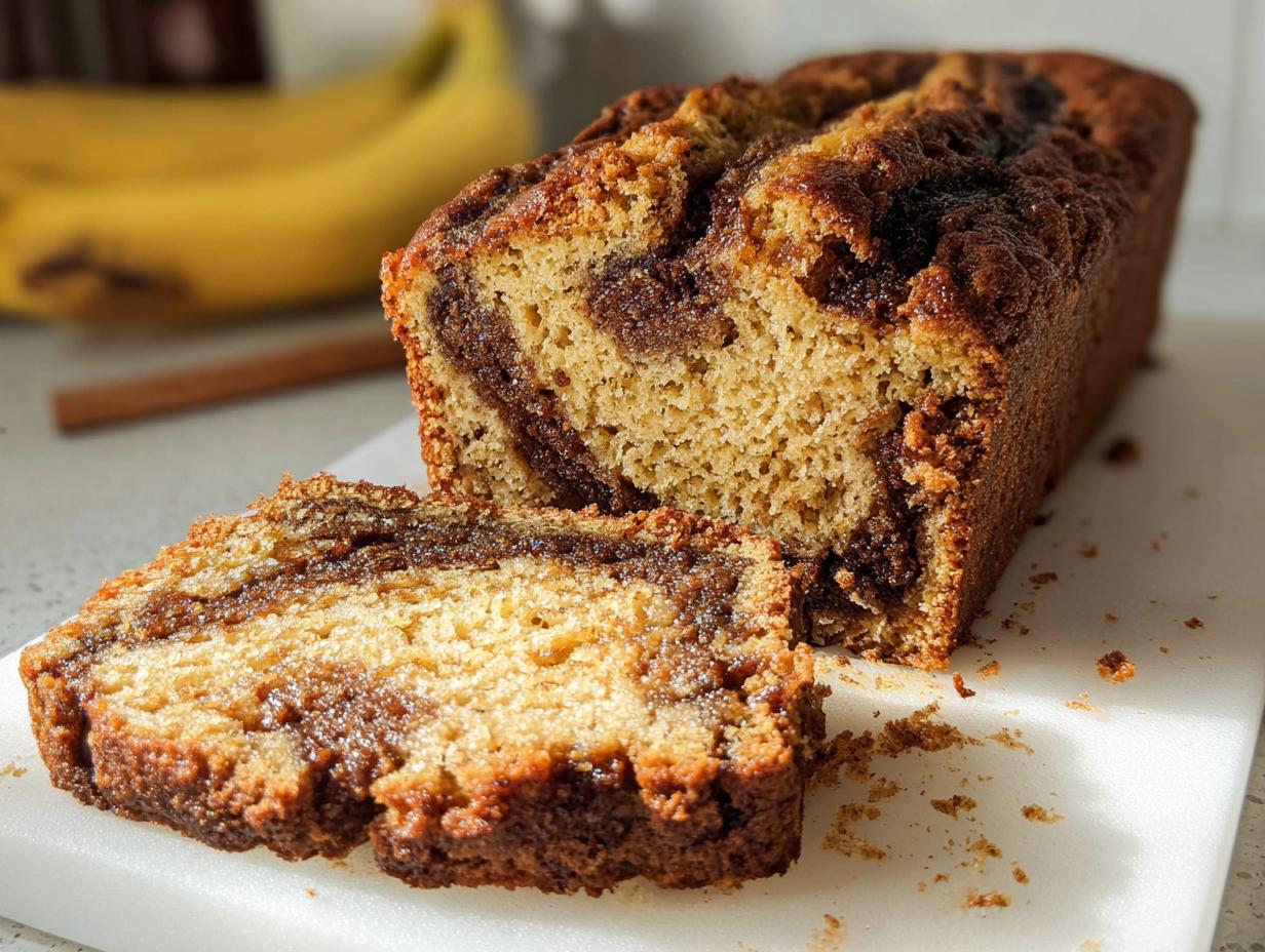 A close-up of sliced Banana Bread with Cinnamon Filling, showing a rich swirl of cinnamon sugar inside.