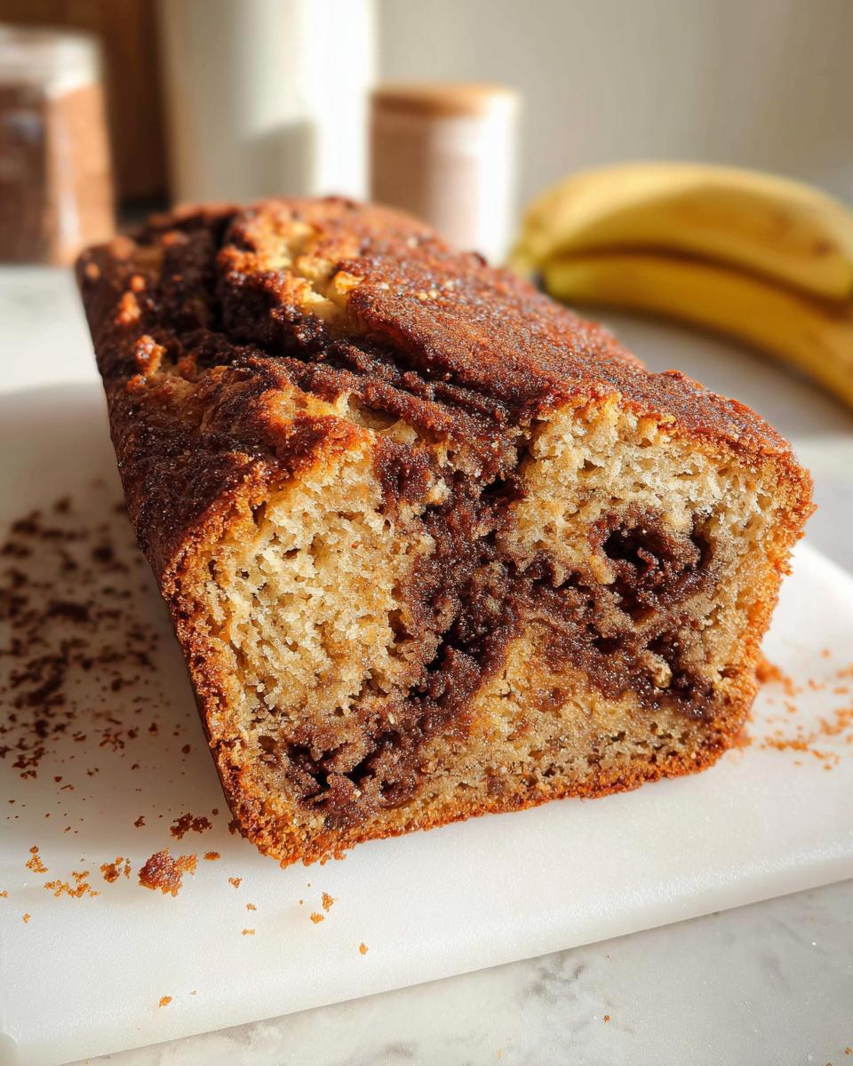Close-up of freshly baked Banana Bread with Cinnamon Filling showing the swirl inside.