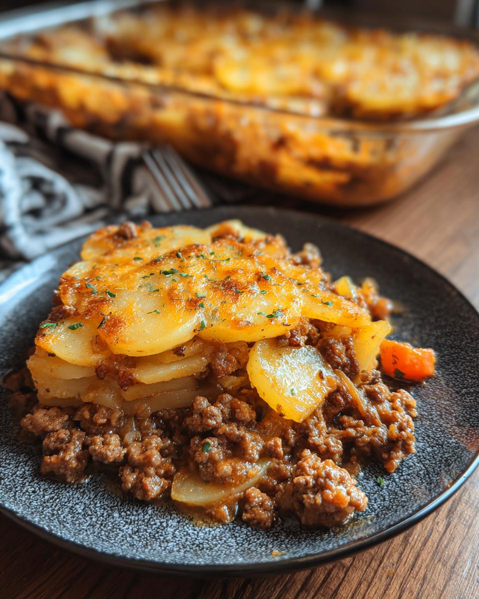 A serving of Beef & Potato Hobo Bake featuring layers of seasoned ground beef and sliced, browned potatoes on a dark plate.
