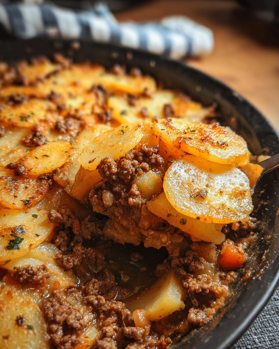 Close-up of a spoonful being lifted from a skillet of Beef & Potato Hobo Bake, showing browned ground beef and sliced potatoes.