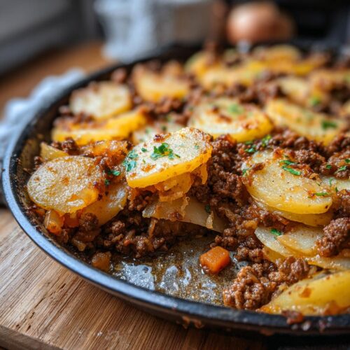 Close-up of a skillet filled with Beef & Potato Hobo Bake, featuring layers of seasoned ground beef and sliced, golden potatoes topped with parsley.