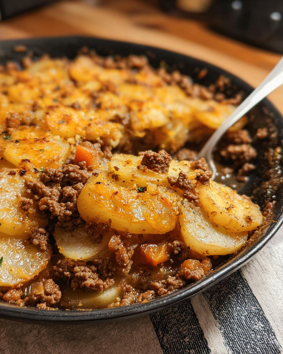 Close-up of a fork scooping a portion of the Beef & Potato Hobo Bake with seasoned ground beef and sliced potatoes.