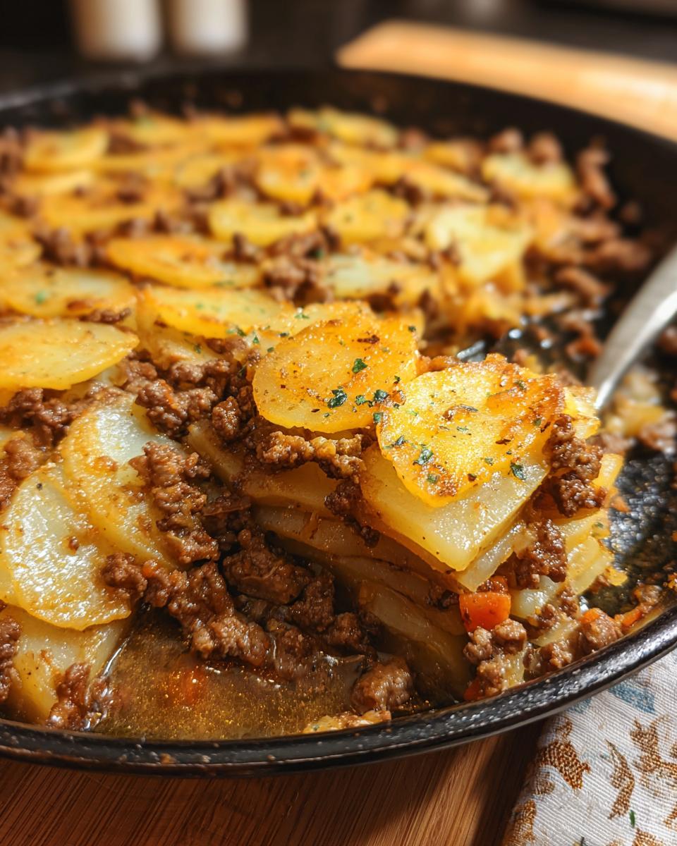 A close-up, serving scoop of the Beef & Potato Hobo Bake showing layers of seasoned ground beef and golden, seasoned potato slices.