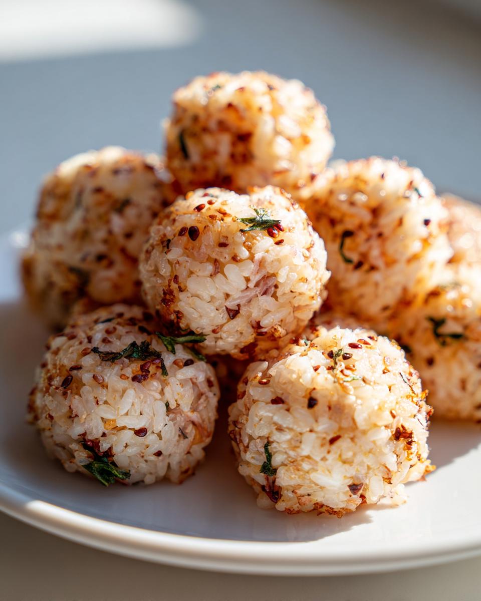 A close-up stack of perfectly formed, seasoned Bento Box Sushi Balls on a white plate.