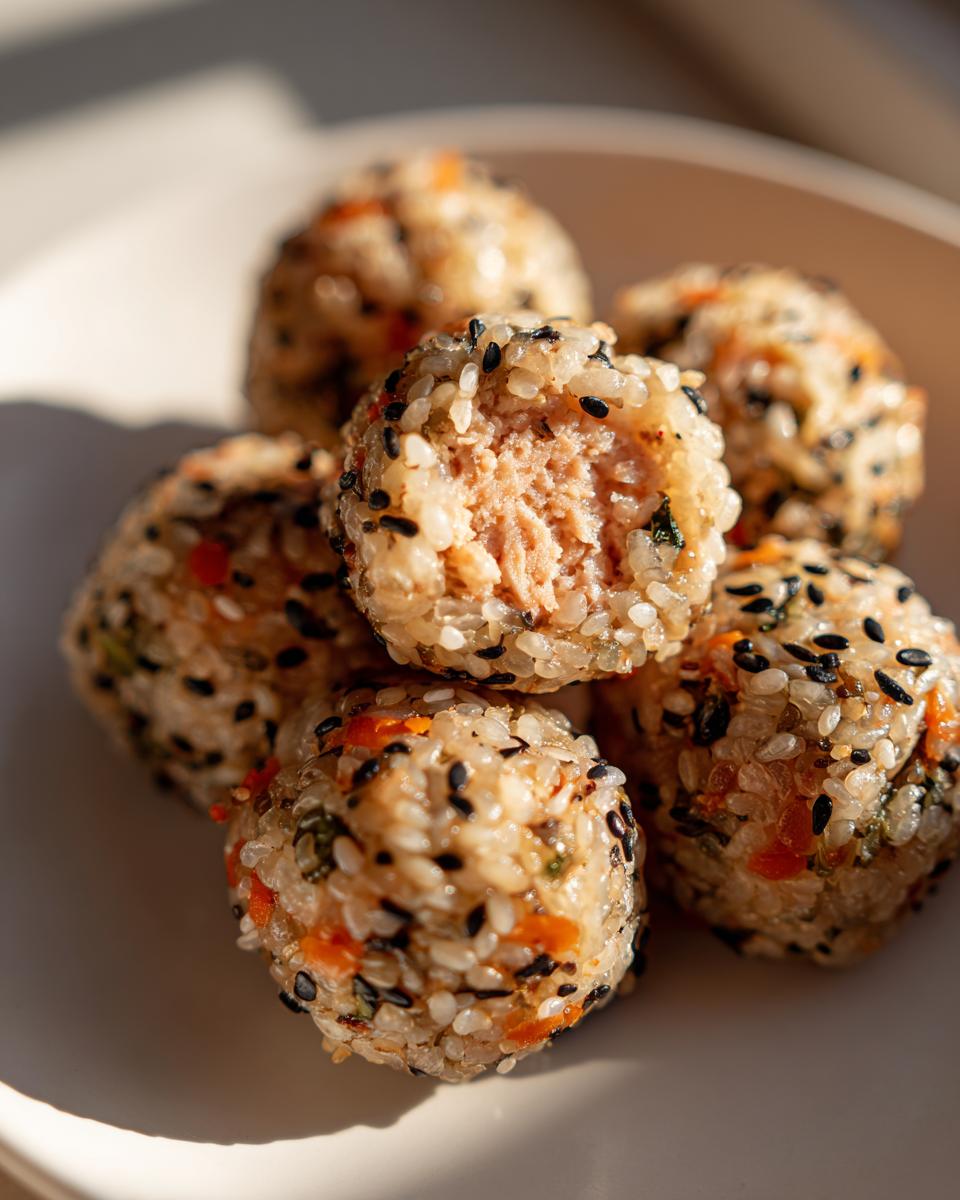 Close-up of several sesame-crusted Bento Box Sushi Balls, one showing a salmon filling inside.