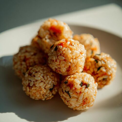 A stack of perfectly formed Bento Box Sushi Balls seasoned with orange sauce and green herbs, sitting on a white plate.