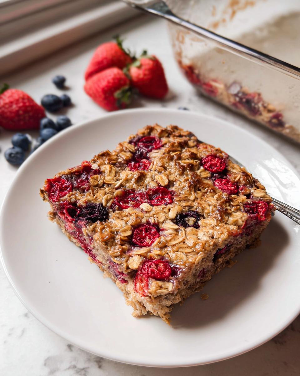 A square slice of berry baked oatmeal you can prep ahead, served on a white plate with fresh berries nearby.