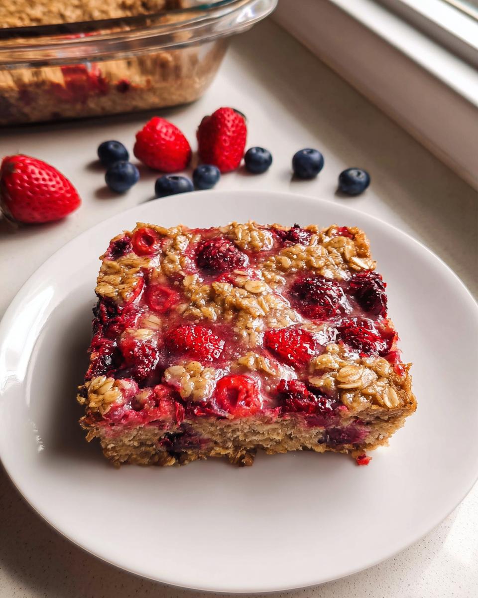 A square slice of berry Baked Oatmeal You Can Prep Ahead topped with raspberries and glaze on a white plate.