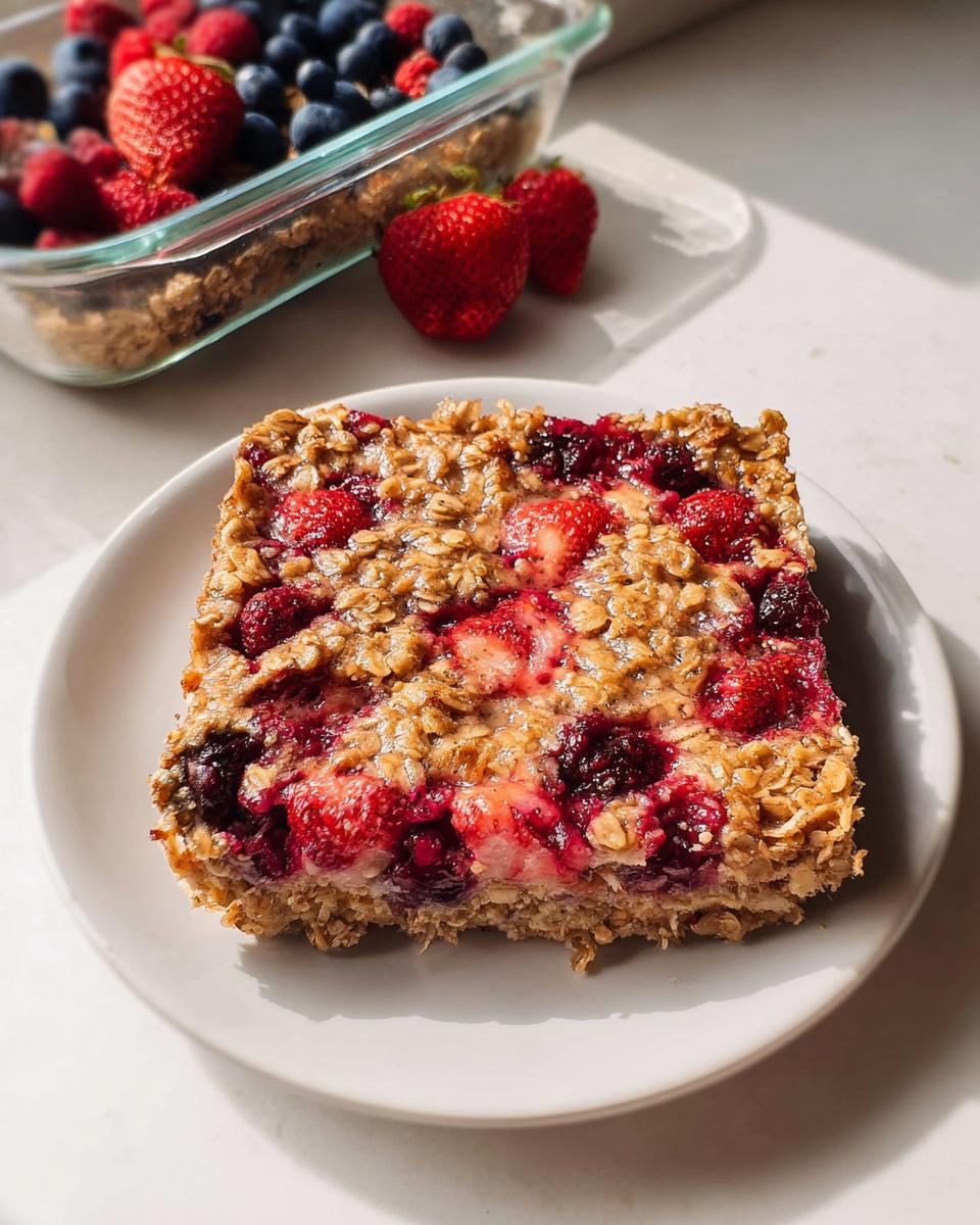 A square serving of berry Baked Oatmeal You Can Prep Ahead on a white plate, with fresh berries in the background.