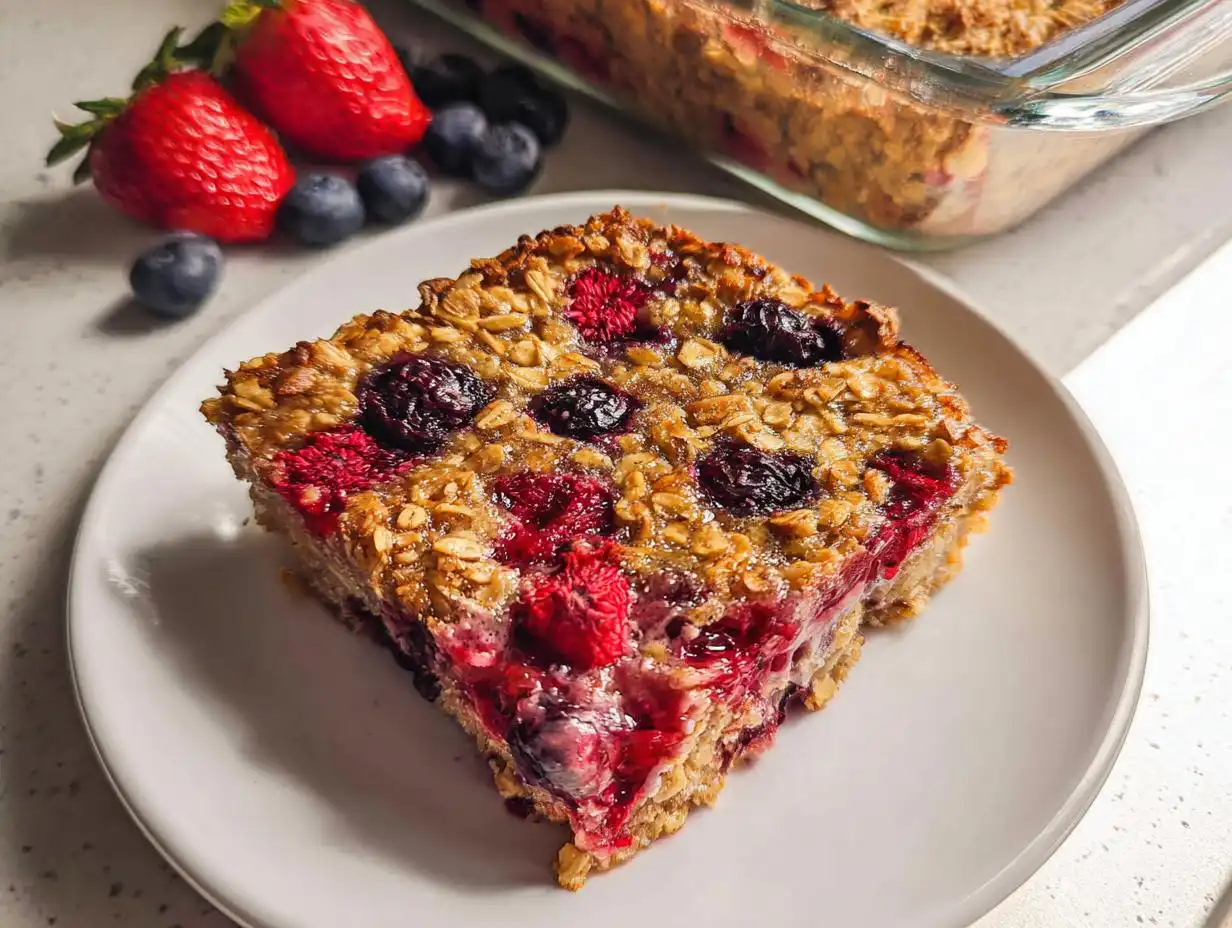 A square slice of berry Baked Oatmeal You Can Prep Ahead on a white plate with fresh berries nearby.