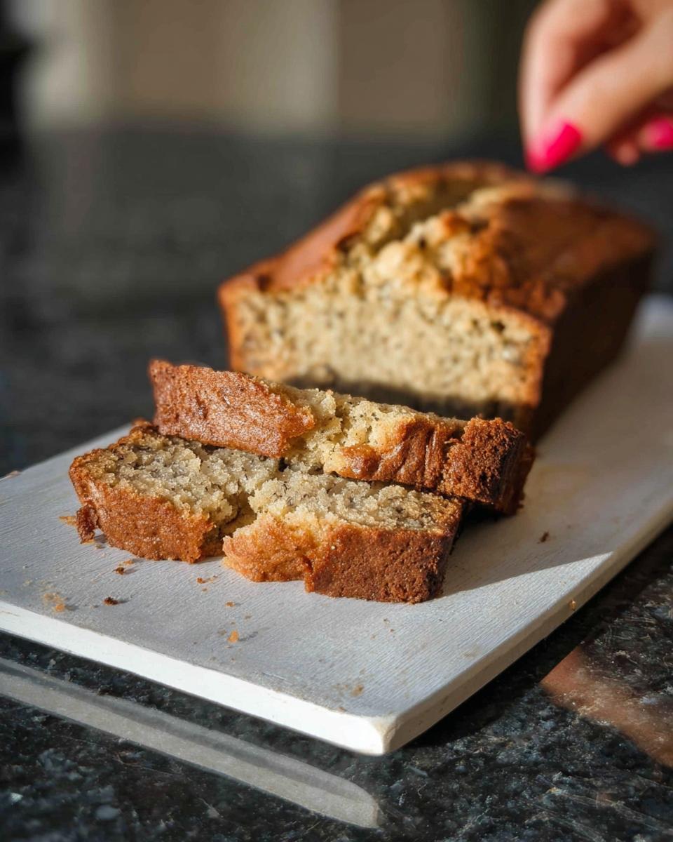 Slices of moist Best Ever Sour Cream Banana Bread displayed on a white cutting board next to the main loaf.
