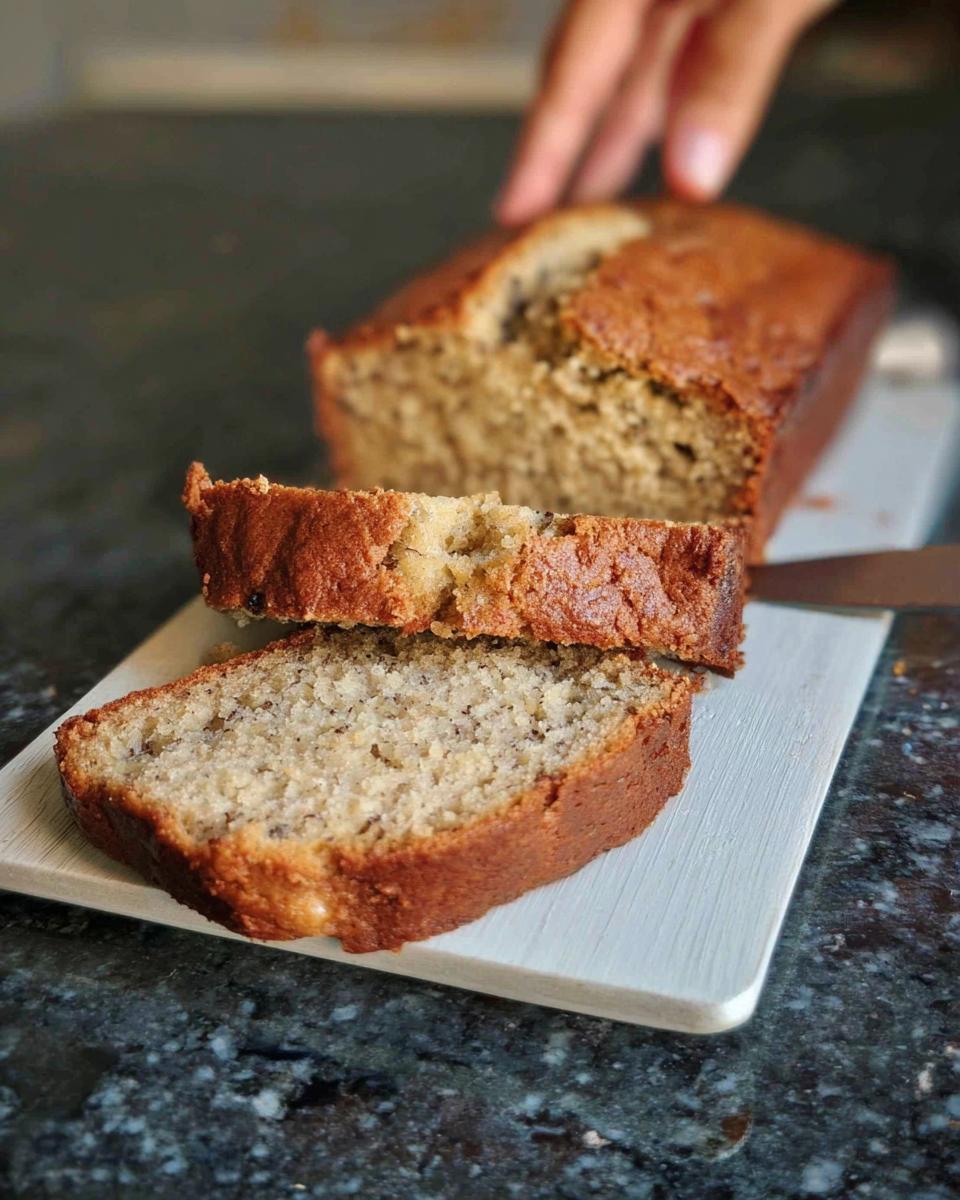 Two thick slices cut from the Best Ever Sour Cream Banana Bread loaf, showing moist texture.