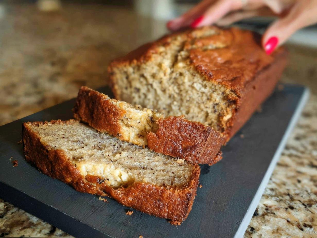 A loaf of Best Ever Sour Cream Banana Bread, sliced on a dark board, with a hand reaching toward it.