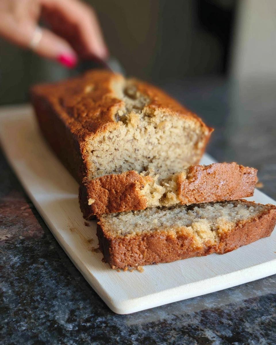 A hand slicing the Best Ever Sour Cream Banana Bread loaf on a light wooden cutting board.