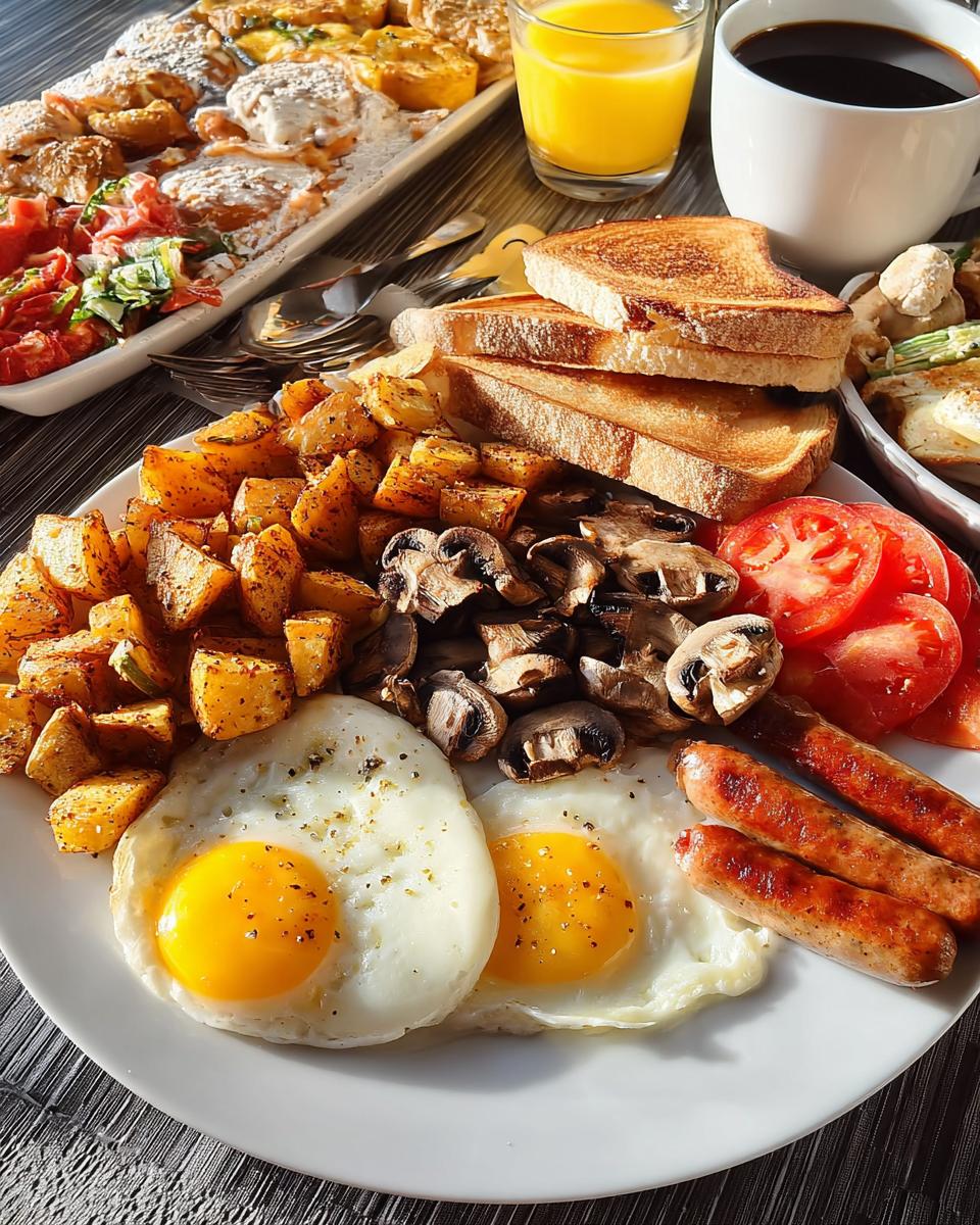 A hearty plate featuring sunny-side-up eggs, roasted potatoes, sausages, mushrooms, and toast—perfect for a Big Breakfast for Hungry Mornings.