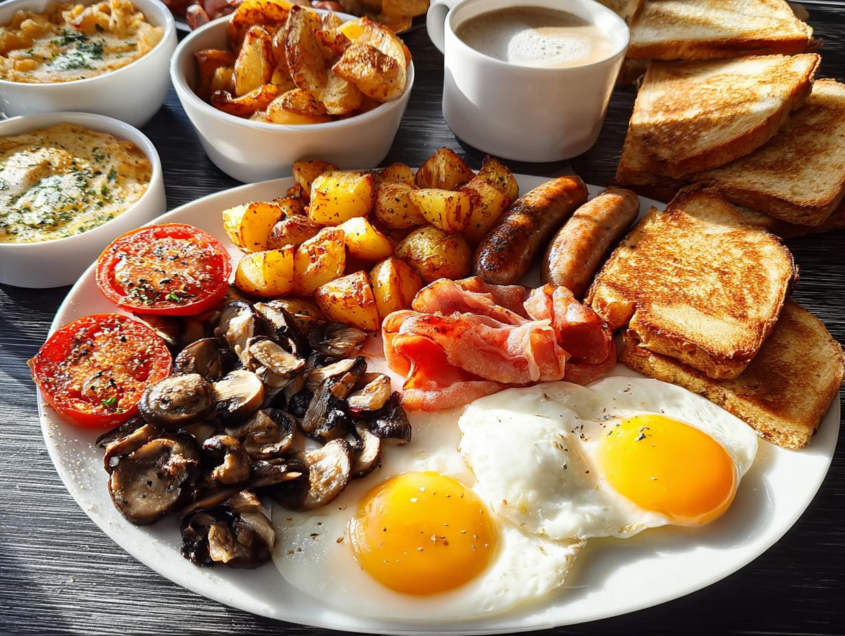 A massive plate featuring a Big Breakfast for Hungry Mornings: fried eggs, sausages, bacon, roasted potatoes, mushrooms, and grilled tomatoes.