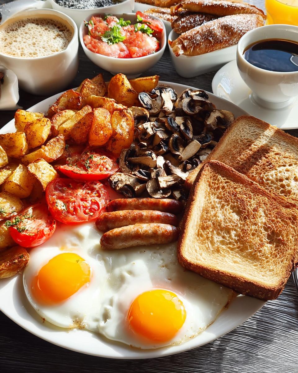 A full plate featuring a Big Breakfast for Hungry Mornings: fried eggs, sausages, toast, potatoes, and mushrooms.