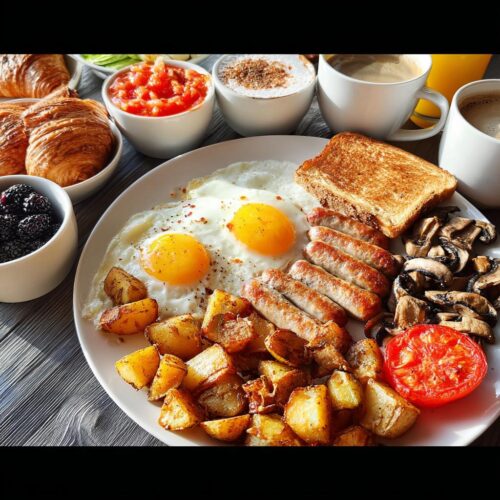A hearty Big Breakfast for Hungry Mornings featuring sunny-side-up eggs, sausages, home fries, toast, and mushrooms.