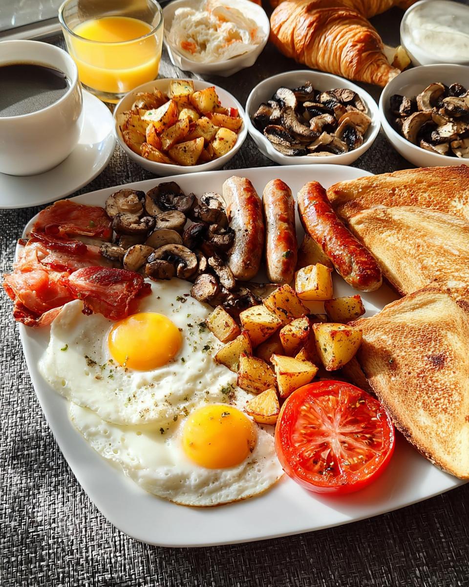 A massive platter featuring a Big Breakfast for Hungry Mornings with fried eggs, sausages, toast, and potatoes.