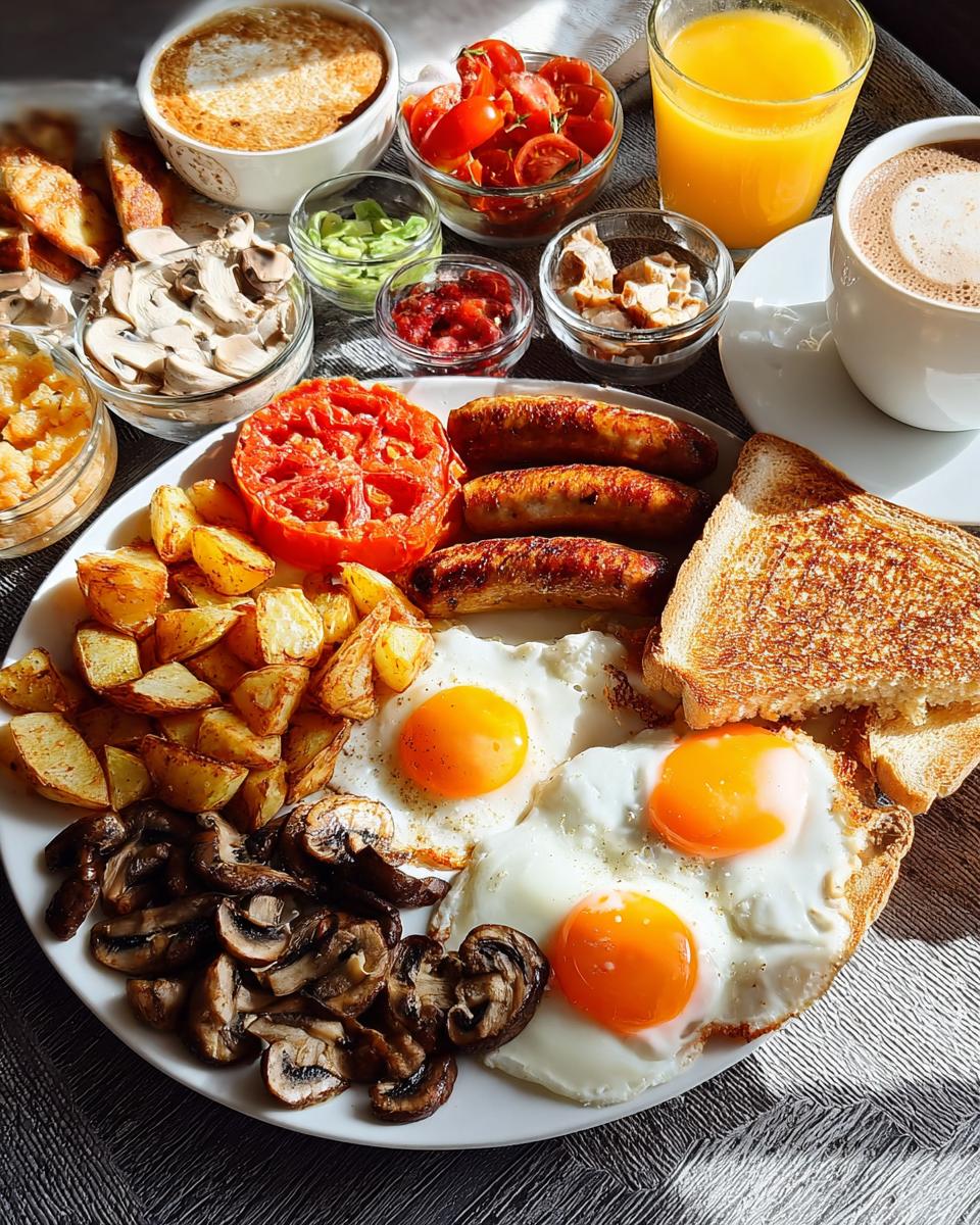 A massive plate featuring fried eggs, sausages, potatoes, and mushrooms, part of a Big Breakfast for Hungry Mornings spread.